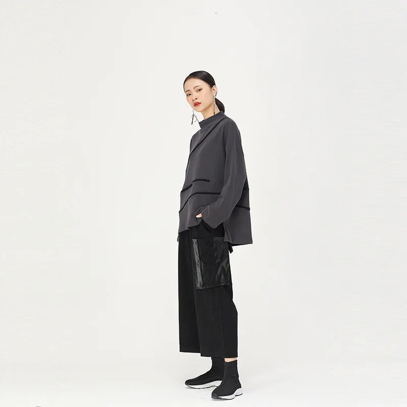 [EAM] Loose Fit Split Joint With Fleece Sweatshirt New Round Neck Long Sleeve Women Big Size Fashion Autumn Winter 1K085