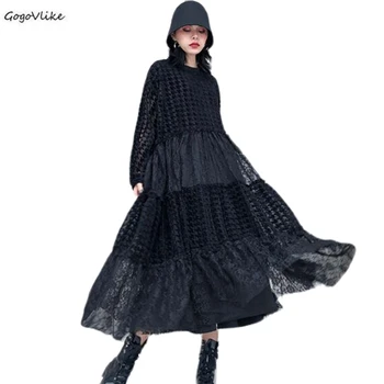 

Women Black Lace Hollow Out Big Size Dress New Round Neck Long Sleeve Loose Fit Fashion Vestidos Spring A Line 2020 SA673S30