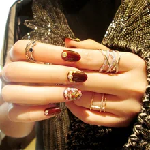 Маникюр готовый продукт Журнал Стиль японский стиль Стразы темно-бордовый поддельные ногти 24 шт фототерапия a L28