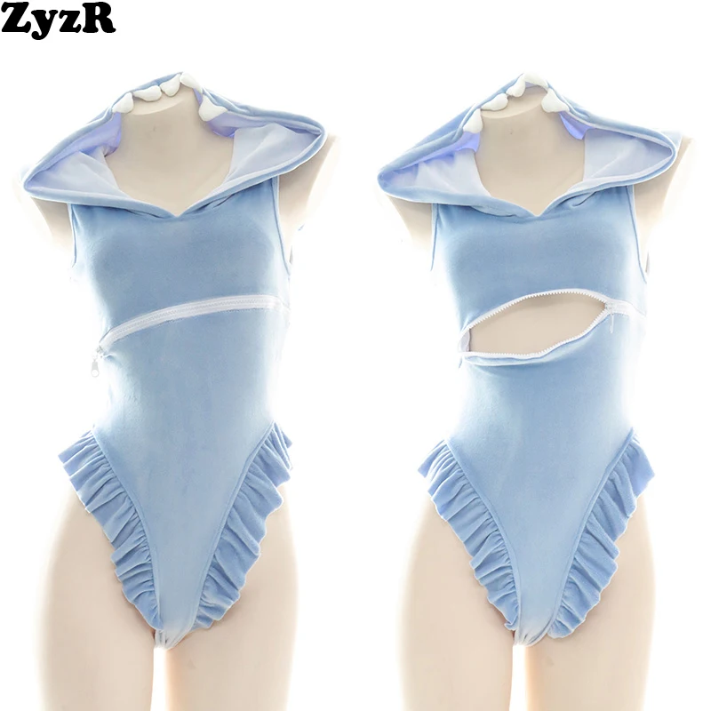 

ZyzR Cute Shark Girl Blue Hooded Bodysuit Temptation Pajamas Costumes Women Waist Zipper Sexy One-piece Lingerie Exotic Uniform