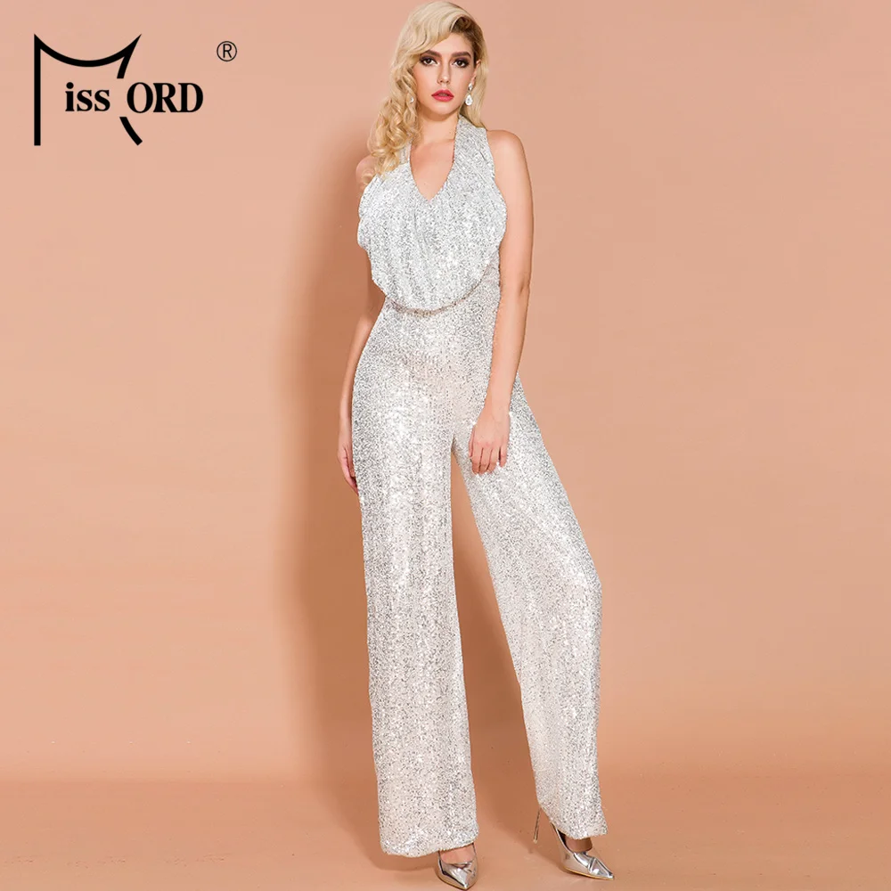 

Missord 2019 Women Summer Sexy Off Shoulder Ruffles Sequin Backless Elegant Jumpsuit FT19767