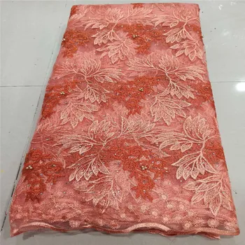 

2020 Upscale African Net pink beads Lace Tissu High Quality French Tulle Lace Wedding Nigeria fabric 5 Yard(ZZ-3-20