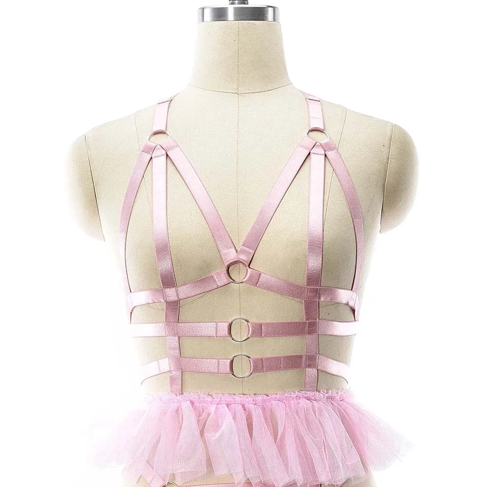 

Pink Harness Wedding Lingerie Bondage Belt Punk Sexy Bra Women Hollow Lace Suspenders Edgy Rave Body Harness Cage Bra