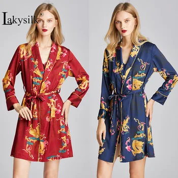 

Women's Sleep Loose Robe Oriental Classic Dragon and Phoenix Print Bridal Gown V-neck Long Sleeve Ladies Silk Sleepwear Bathrobe