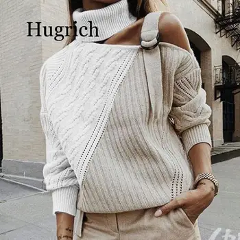 

Women's Off Shoulder Turtleneck Sweater Pullovers Hollow Out Knitted Twisted Sweaters Woman 2019 Autumn Winter Pullover Ladies