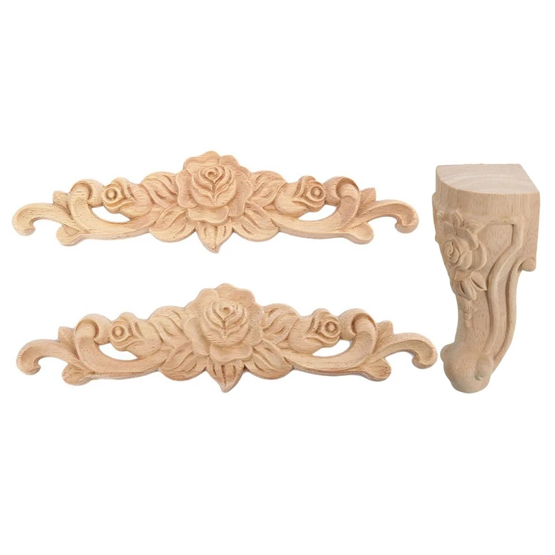 

6Pcs Wood Carved Long Onlay Applique Unpainted Rose Flower Door Home Decor European Style, 2Pcs 20X5Cm & 4 Pcs 15X6Cm