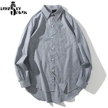 

Lindsey Seader Geometric Striped Long Sleeve Shirts Men Hip Hop Button Down Dress Shirt Streetwear Hipster Casual Shirts Tops