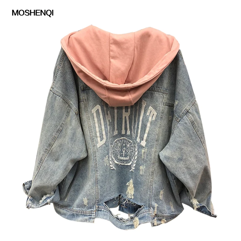 Best  MOSHENQI Denim Jacket Women Autumn Coat Ripped Hooded Outerwear Coats Windbreaker Basic Baggy Boyfr