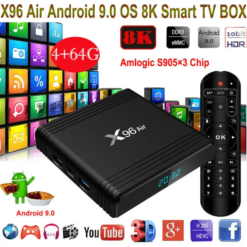 

X96 AIR Android 9.0 TV Box 4GB+64GB 8K HD Media Player 2.4G/5GHz WIFI USB 3.0