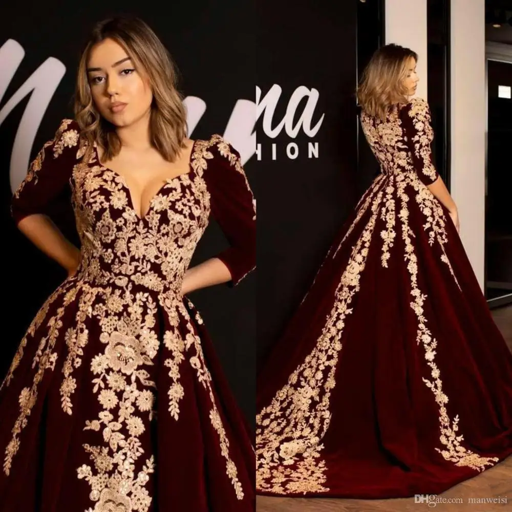 

Burgundy Velvet Prom Dresses Kaftan Caftan Evening Formal Dress Half Sleeve Gold Luxury Lace Applique Arabic Dubai Abaya