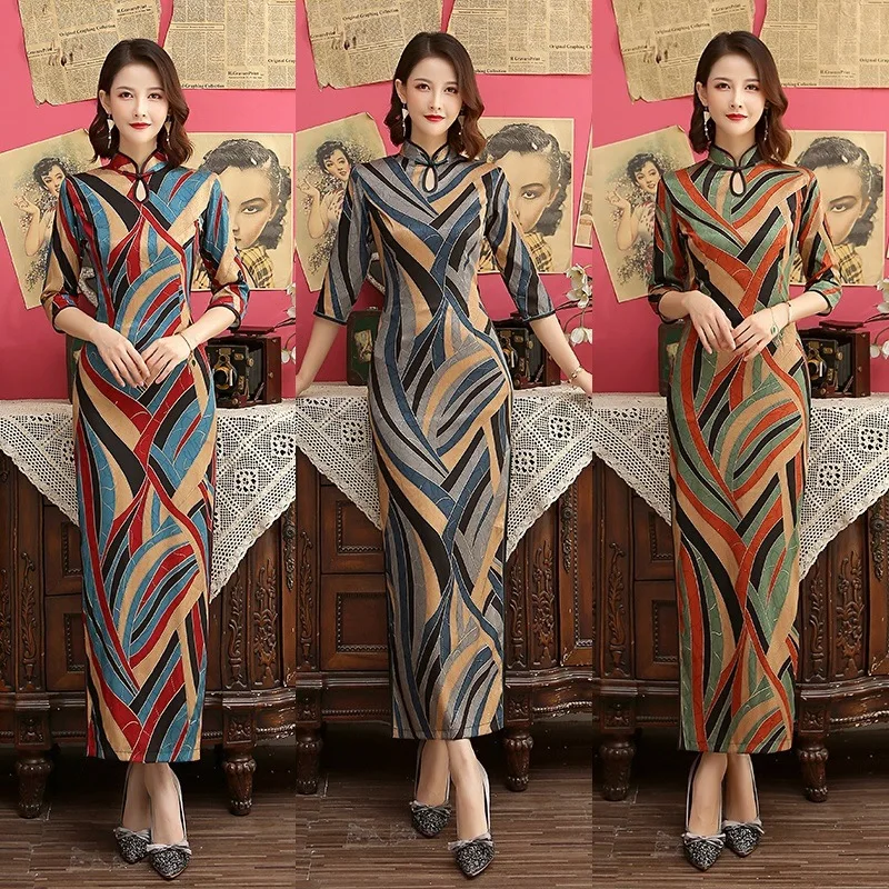 

Cheongsam fall 2020 long large size girl's style cheongsam dripping self-cultivation cheongsam