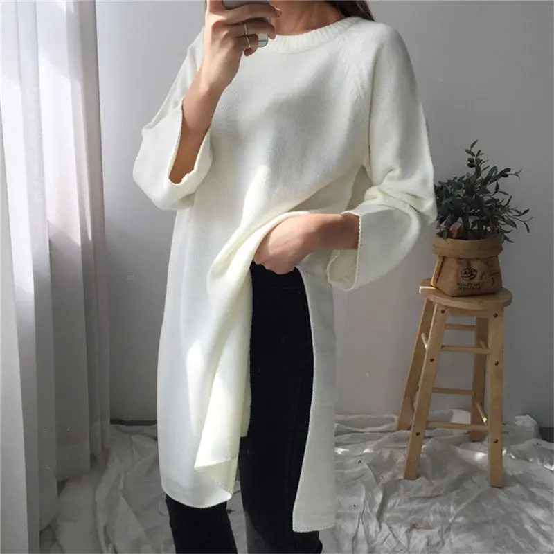 

Alien Kitty Lazy Style White Solid Chic All-Match Knitted 2019 Autumn Casual Split Pullovers O-Neck Loose Mid-Length Sweaters