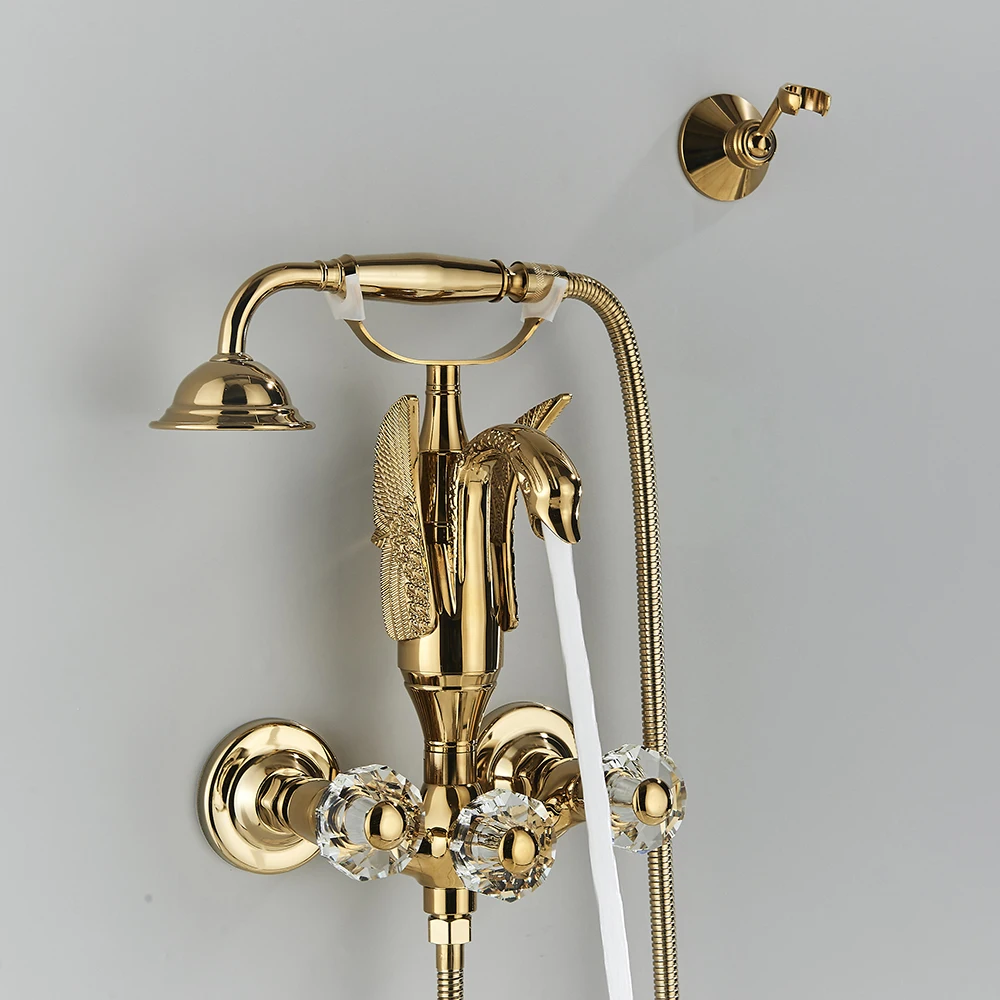 Luxury Gold Swan Bathtub Faucet Crystal Handle  Bath Sets with Hand Shower Hot Cold Mixer Tap For Bathroom Wall Mounted 3