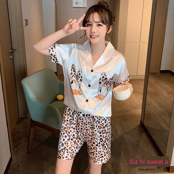 

Summer Short-Sleeved Shorts Cardigan Lapel Silk Silk Artificial Silk Viscose Fiber Homewear Set Can Wear Pajamas pijama homewear