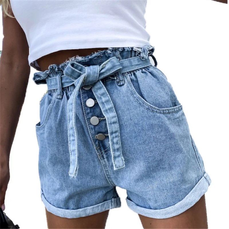 

Rolled Hem Denim Shorts Women Pocket Elastic High Waist Jeans Shorts Summer Casual Loose Straight Leg Ladies Belted Jean Shorts