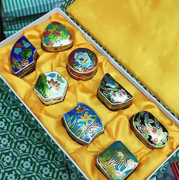 

wholesale Chinese old Beijing cloisonne jewelry box powder box copper tire Enamel 1 set 8PCS