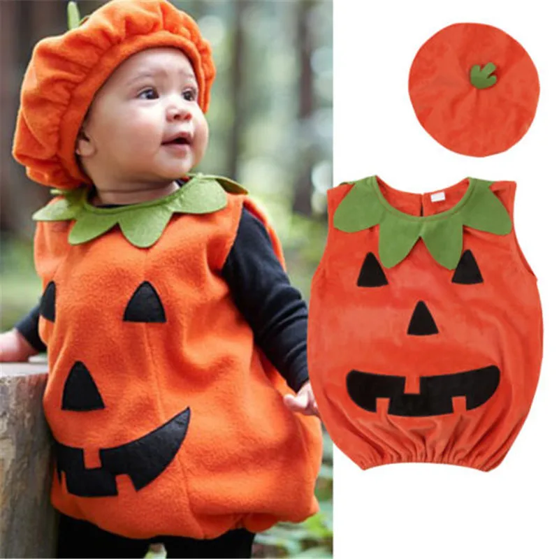 2PCS Halloween Costumes Toddler Baby Boys Girls Romper Pumpkin Sleeveless Jumpsuit Hat Outfit Baby Clothes 0-3Years