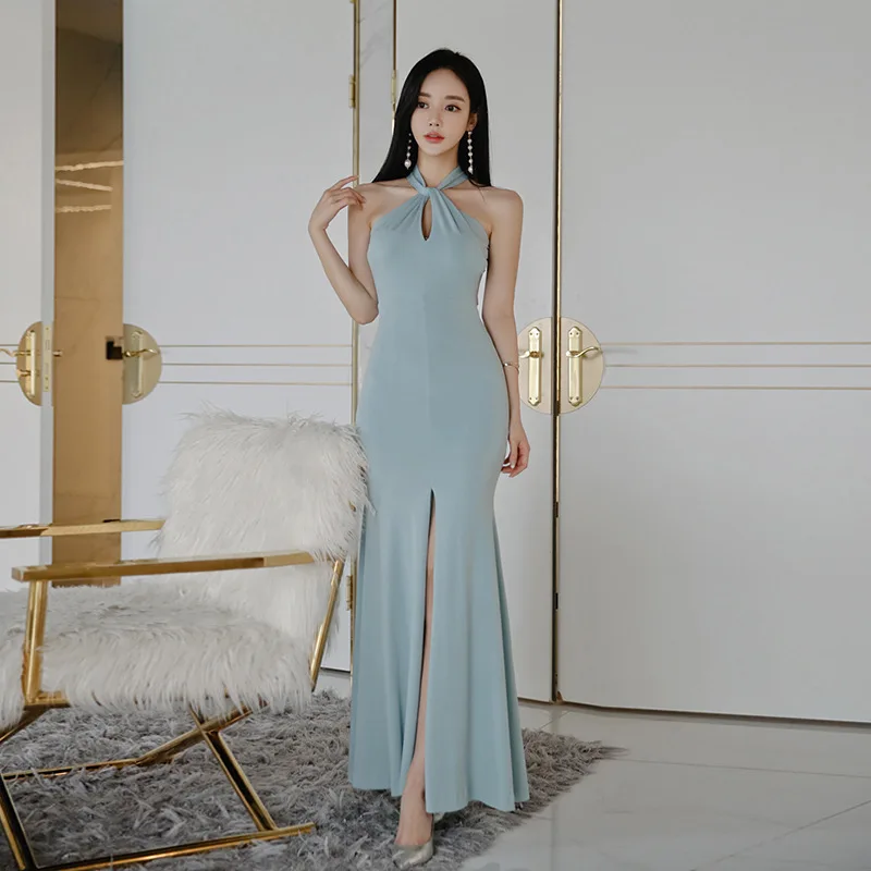 

2019 Spring And Summer Korean-style Sexy Halter Naked Shoulder Chest Hollow out Slit-Front Formal Dress Mopping Formal Dress