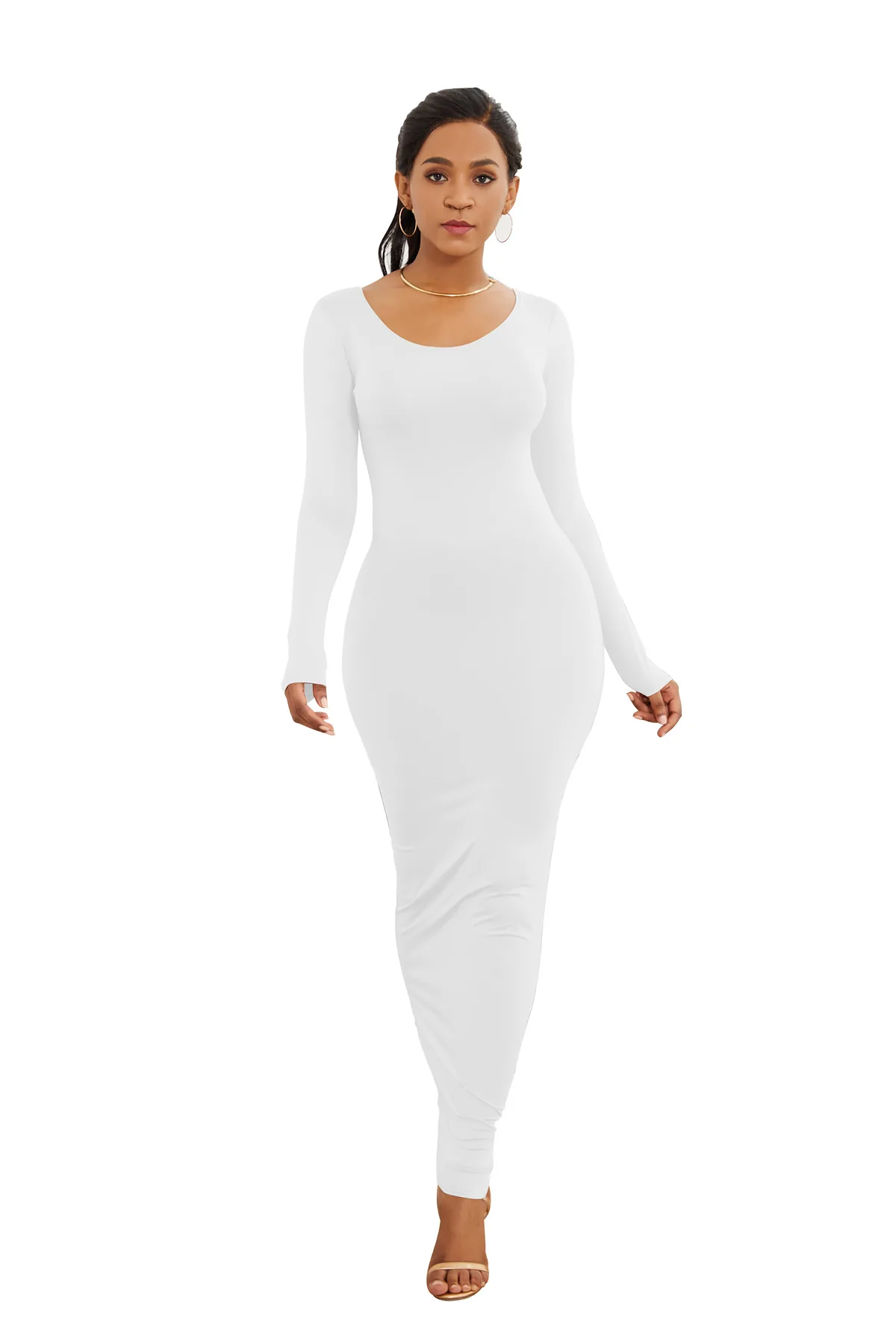 

Modern Elegant Long Dress Women Sexy Fitted Stretchy Bodycon Round Neck Skinny Party Solid Long Sleeve Dresses
