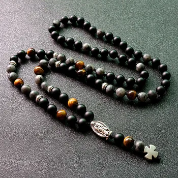 Black Stones Bead Tiger's eye with Retro Gothic Cross Pendant Necklace
