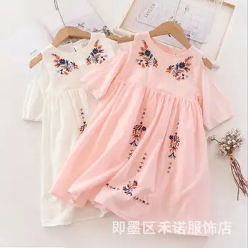 

Summer Girls Floral Embroidered off-shoulder Cotton Party Dress Kids Flower Dresses Children Clothes Wholesale
