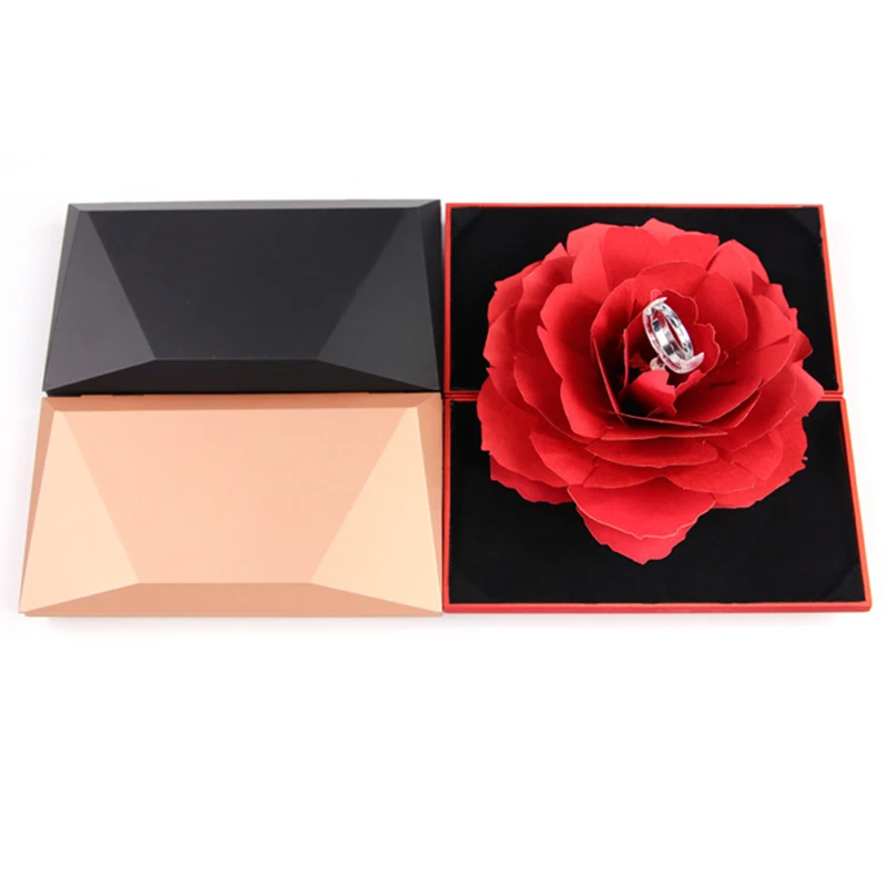

Rotating Rose Ring Box Folding Jewelry Storage Box Case for Proposal Wedding Engagement PAK55
