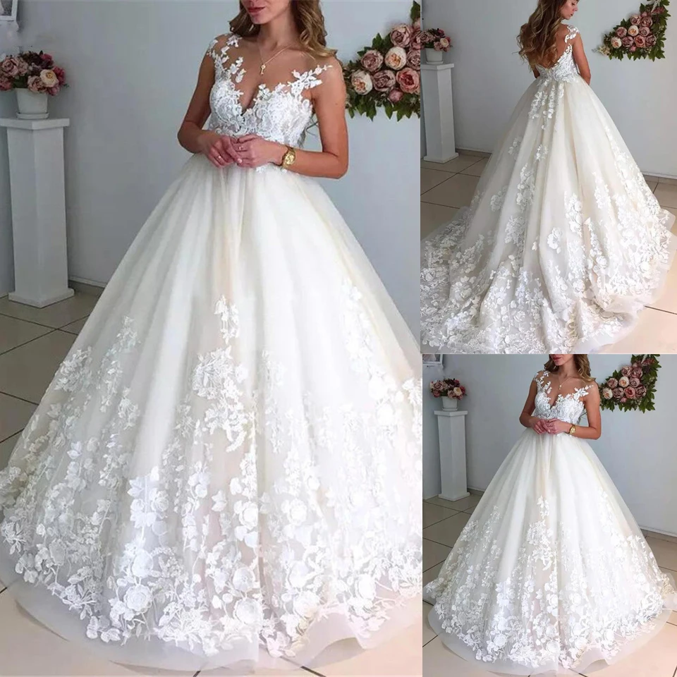 

Ball Gown Wedding Dresses Scoop Sleeveless Open Back Tulle and Lace with Appliques Bridal Gowns Sweep Train Vestido De Noiva