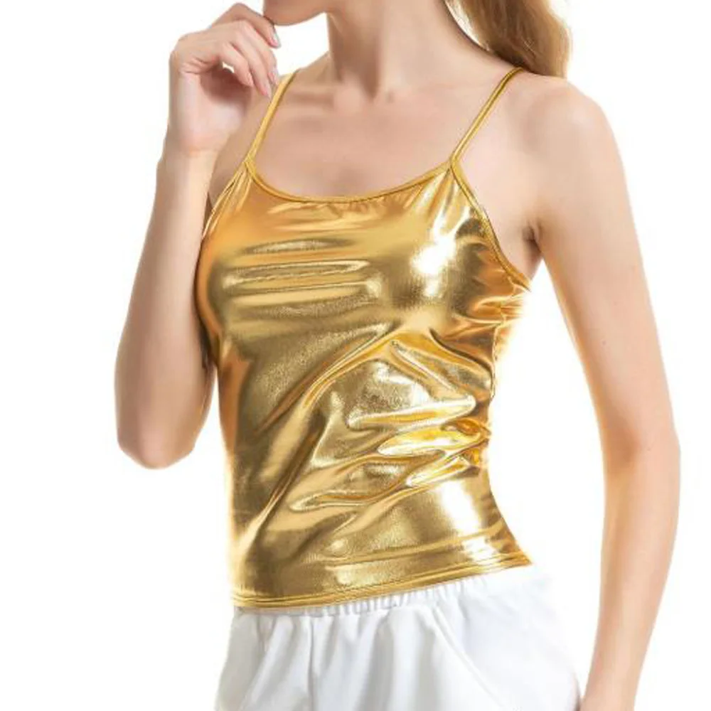 Gold Cami Женские красные Топы на бретельках, Блестящий металлический голографический Топ Wetlook Club, уличная летняя майка для танцев Femme - Цвет: Gold Cami
