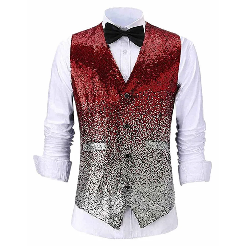 

2019 New Mens Shiny Gradient Color Tuxedo Vest Single Breasted Circus Performance Vest Nightclub Waistcoat Slim Fit