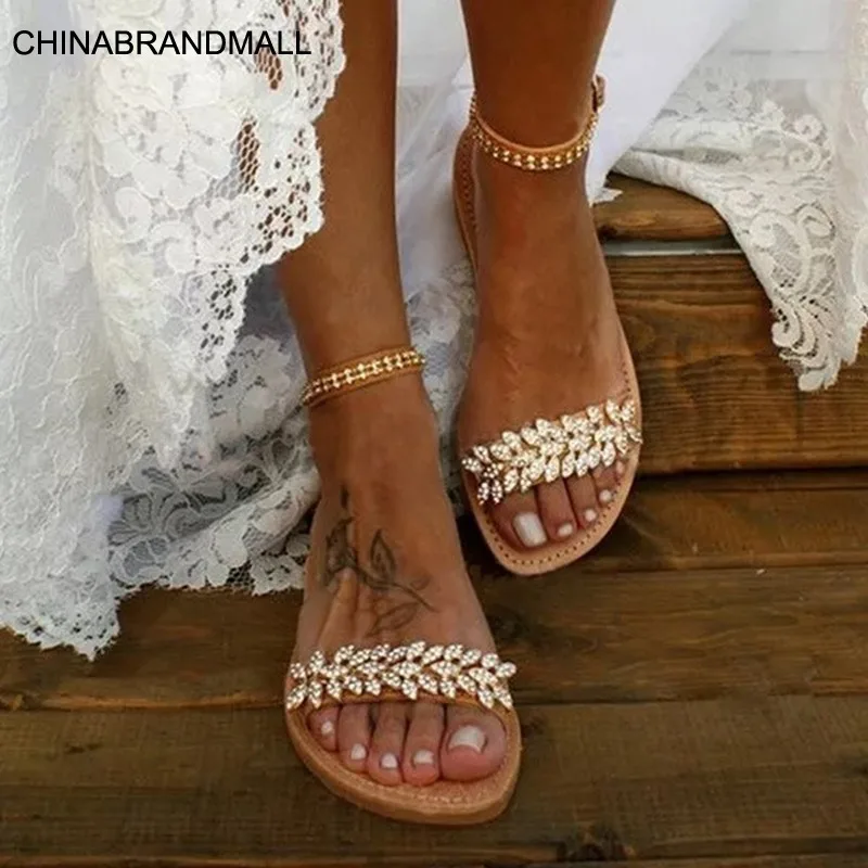 

Summer Flat Sandals Women Fashion Rhinestone Open Toe Buckle Sandals Wedding Party Plus Size 34-43