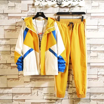 

New Autumn Men 2 Pieces Sets Jackets+Pants Hooded Casual Jackets and Coats Men Loose Sweatsuits Elastic Waist Long Pants