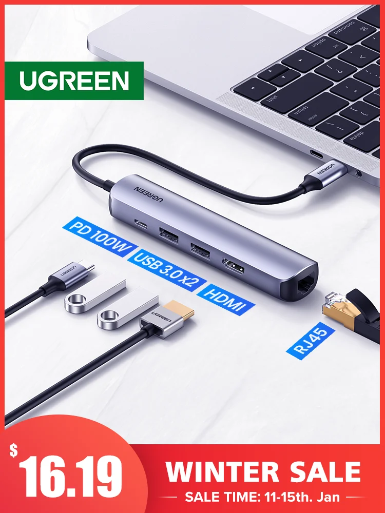 UGREEN USB C концентратор Мини Размер Type 3 1 до 4K HDMI RJ45 PD 0 OTG адаптер док станция для MacBook Air Pro 2020 PC usb хаб|USB-хабы| |
