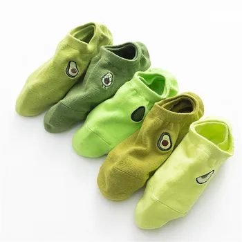 

New Spring Summer Avocado Embroidery Woman Socks Slippers Solid Green Color Funny Socks Women Cotton and Kawaii Calcetines 31602