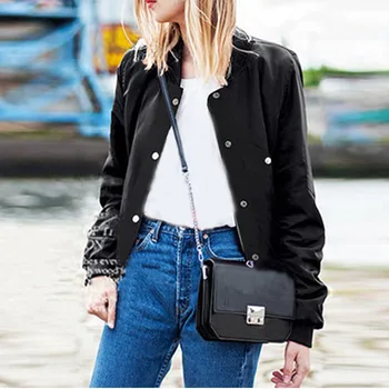 

Women Long Sleeve Short Baseball Jacket Single Breasted Ladies Spring Autumn Black Small Coat Clothing Outerwear Streetwear#3