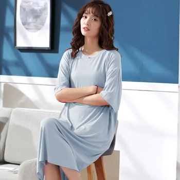 

Modal Women Nightdress Bathrobe Gown Summer Casual Long Nightgown Plus Size Soft Nightwear Sleepwear Blue Home Dress 2XL 3XL