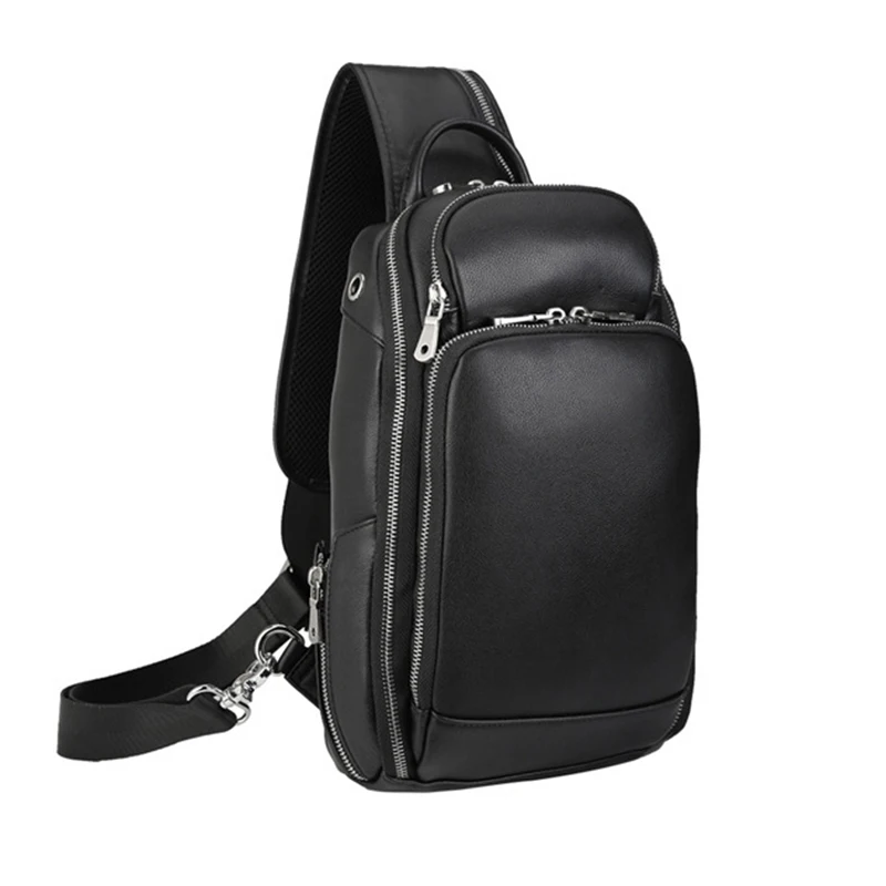 MAHEU Classic Black Leather Chest Bag With USB Function 100% Genuine Leather Chest Packs USB Sling Bags For Men outdoor hiking