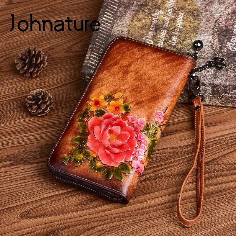 Женский кошелек в китайском ретро стиле Johnature удлиненный бумажник из натуральной