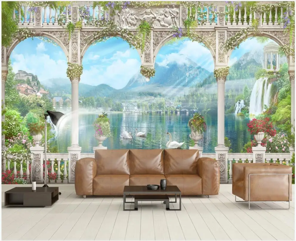 

3d photo wallpaper custom mural European roman column landscape mountain peak swan decor living room wallpaper for walls 3 d