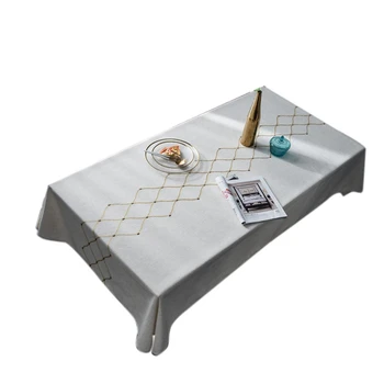 

Linen Geometric Embroidery Waterproof Tablecloth Rectangular Dining Table Cloth Golden Leaves Square Table Cover