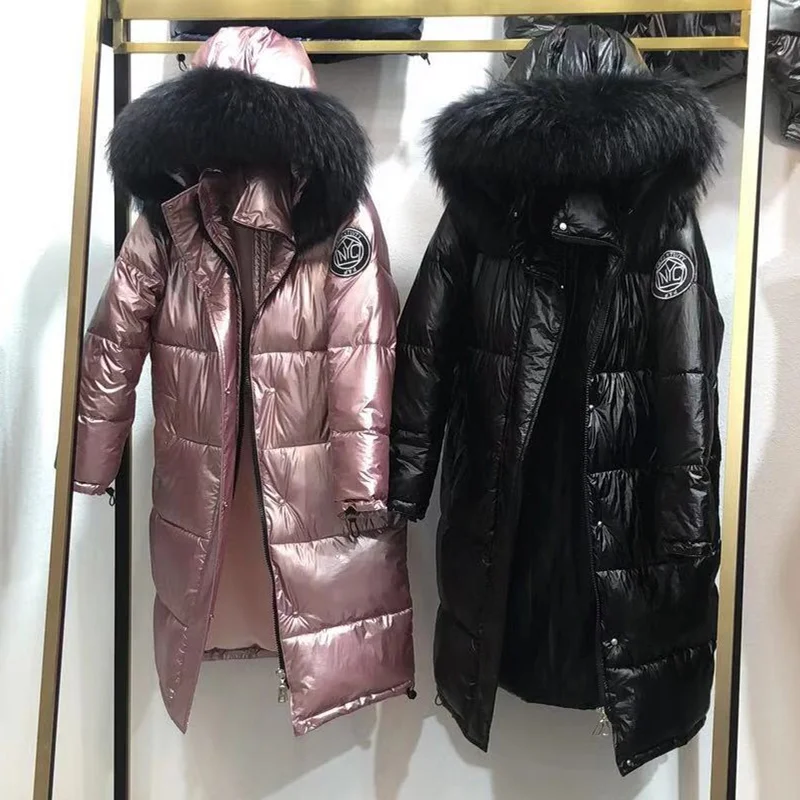High Quality New Winter Jacket Women Warm Thicken Hooded With Fur Long Coat Shining Fabric Stylish Female Parka