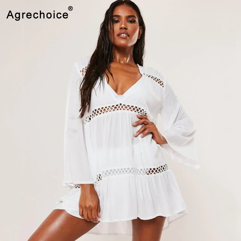 

2019 Sexy Hollow Out Beach Cover Up Loose Women Bikini Cover Up Beach Dress Long Sleeves Shirt Swimwear Bathing Suits Cover-Ups