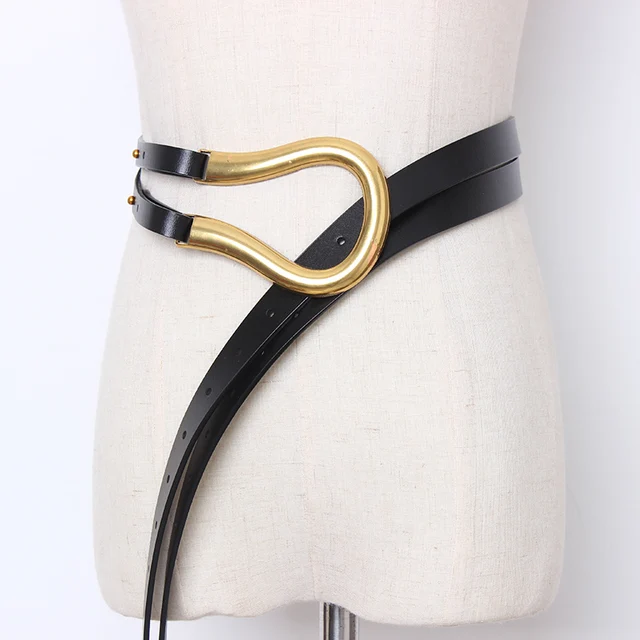Newest fashion soft faux leather belts personality big alloy buckle thin double layer waistbands shirt knotted belt long straps black color