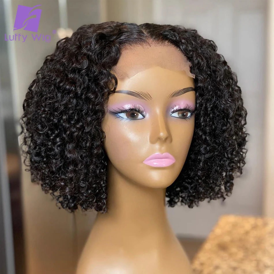 Short Kinky Curly Wig Human Hair Preplucked Malaysian Remy 4x4 Lace Closure Wigs Bleached Knots LUFFY