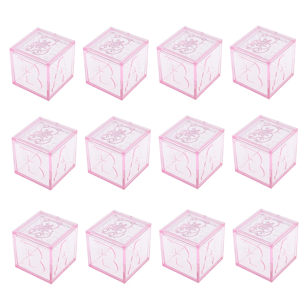 

Pack of 12 Cute Small Square Bear Baby Blocks Buffet Plastic Candy Boxes Baby Shower Party Favors Guests Gifts
