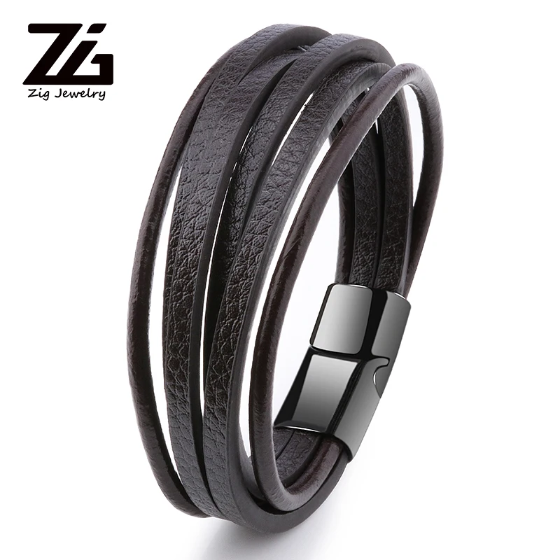 

ZG Men's New Punk Simple Leather Bracelet Black And Silver Magnetic Buckle Wristband Male Jewelry Vintage Fashion Best Gifts