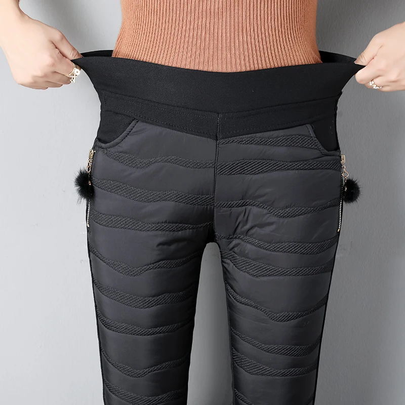 Новые женские брюки с эластичной резинкой на талии, длинные брюки, зимние Пуховые Брюки для девушек размера плюс, женские теплые плотные брюки-карандаш