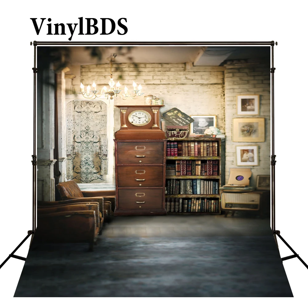 VinylBDS Bookshelf Cabinet Clock Indoor Children Background Brick Wall Wedding Backdrop Newborn Backdrops for Kids Photo Studio |