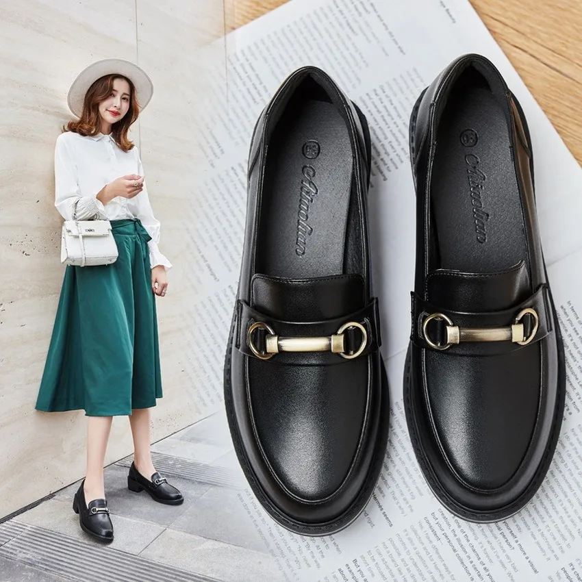 

Maggie's Walker Leather Shoes Women's Fashion Retro Style Spring and Autumn Korean-style Plus Size Slip-on Shoes Women's