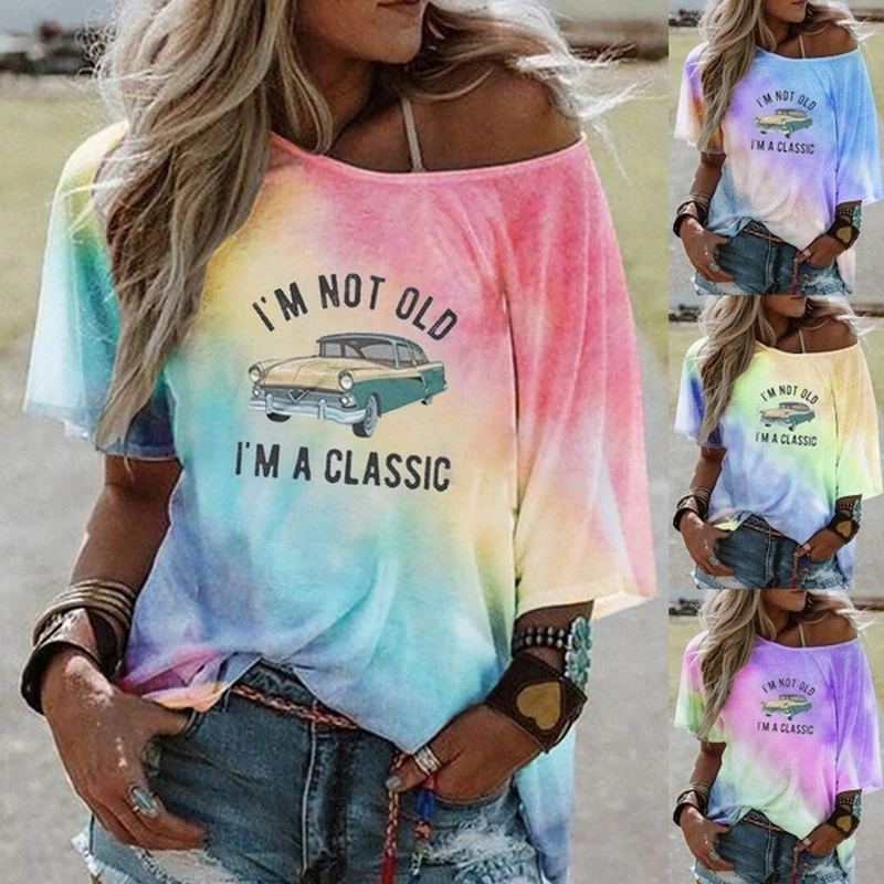 Summer Tshirts Women Tie Dye Off Shoulder Top Ladies Casual Letter Print Half Sleeve Shirts Harajuku Fashion Graphic Tshirt Tops bulk t shirts