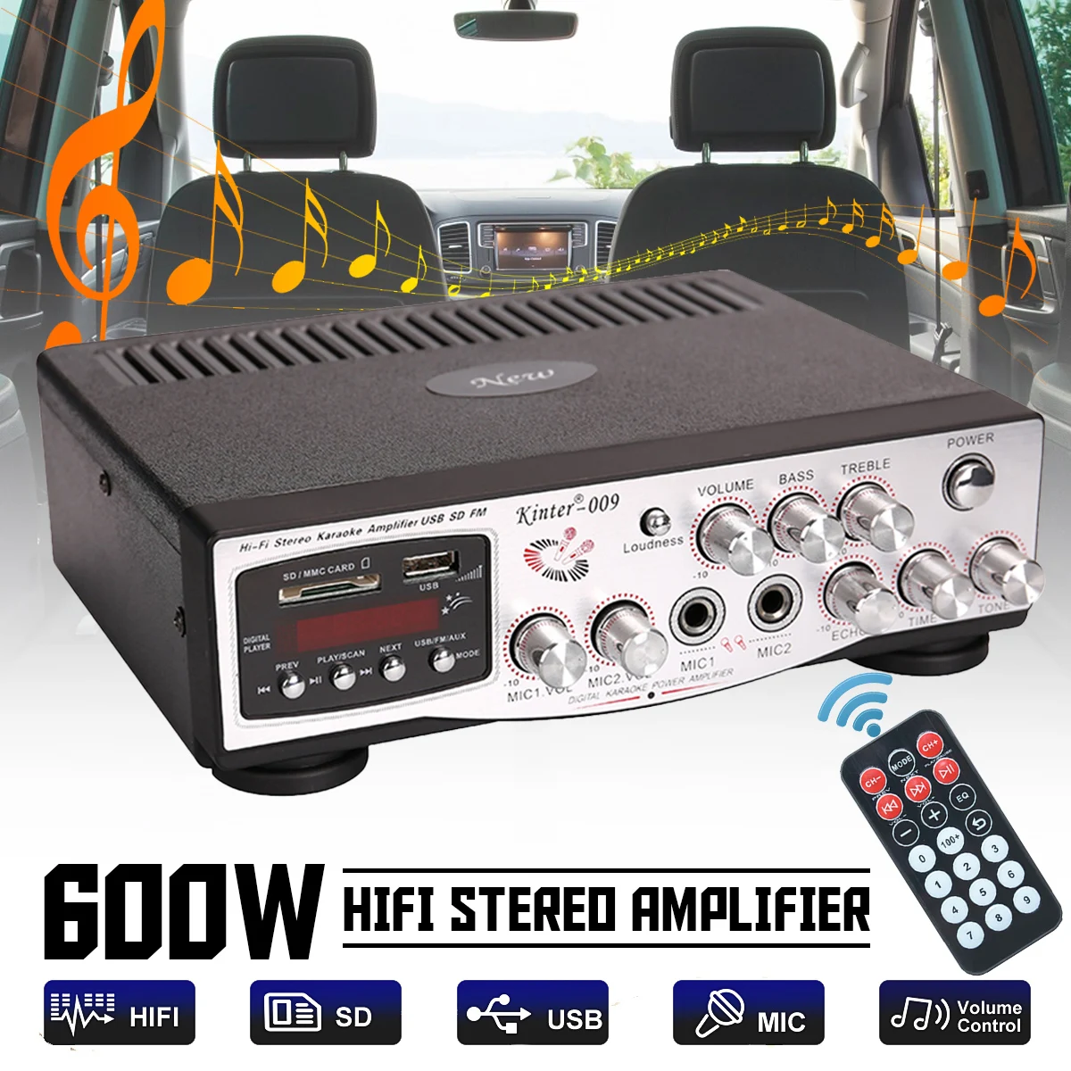 

600W 220V/12V 2CH Home Car Audio Amplifier USB SD Microphone FM Radio HIFI Home Theater Amplifiers Stereo Music Subwoofer